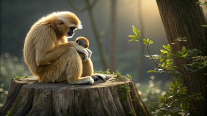 golden gibbon sitting on tree stump with background