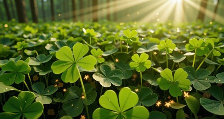 A field of clovers with a bright sun shining on them