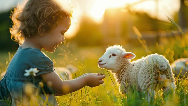 a small child is playing with a sheep. Selective focus