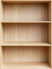 Empty wooden bookshelf with three shelves studio shot waiting to be filled with books and decorations in a home or office setting