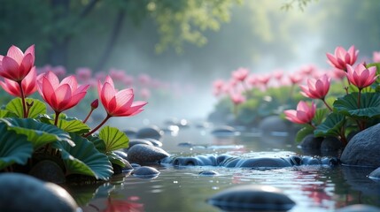 A beautiful pink flower garden with a stream running through it