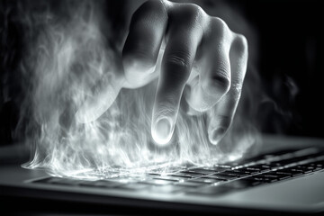 Typing Hand with Smoke Effect on Keyboard
Surreal black-and-white image of a finger pressing a laptop key with glowing heat and smoke. Perfect for cyber, tech burnout, or digital concept visuals.