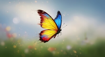 Fototapeta premium Butterfly Flying with Blue and Yellow Wings in Natural Scene