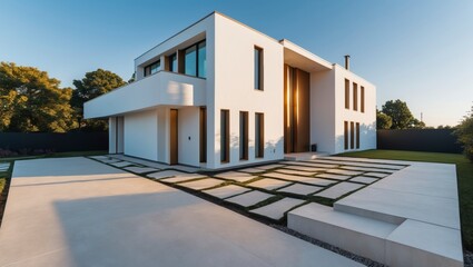 Elegant split-level modern house with a bold staircase and contemporary architectural features nestled in a serene suburban community surrounded by vibrant greenery for outdoor relaxation