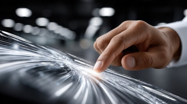 A hand is pointing at a screen with a blurry image