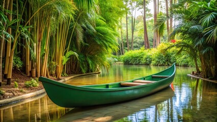 A serene green canoe gently swaying on a tall bamboo cane stand in a tropical garden, serenity, cane, serenity