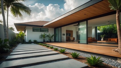 Fototapeta premium Stunning tropical modern suburban house with innovative angled architecture and open living spaces surrounded by beautiful landscaping for ideal family living