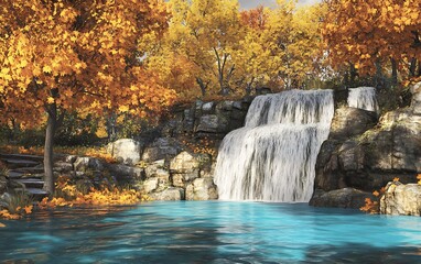 Fototapeta premium Waterfall cascades into turquoise pool amidst trees displaying autumn foliage, creating scenic landscape
