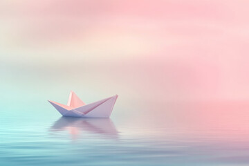 Pink origami paper boat sailing on calm pastel water