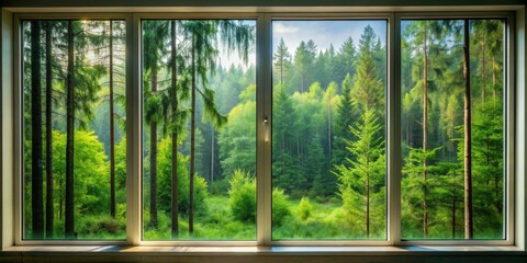 Naklejka premium A glass window with a faint image of a forest reflected in it, with trees and foliage outside the pane, as if trapped behind the transparent barrier, solitude, introspection