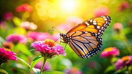 Fototapeta premium Delicate monarch butterfly perches on a vibrant pink flower in a serene garden scene surrounded by lush greenery and sun-drenched foliage , serene garden, insect