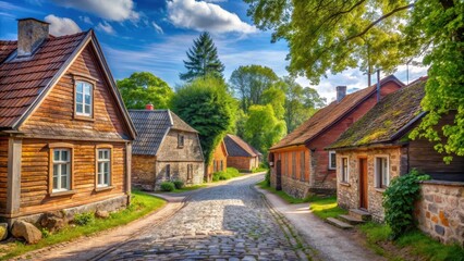 Traditional Latvian village street with old houses in Kandava village, surrounded by trees and a brick wall, featuring a winding road and cobblestone pavement , brick wall, latvian village