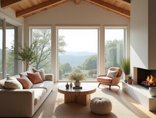 Fototapeta premium Scandinavian-style living room with soft pastel tones, cozy furniture, a fireplace, and large windows showcasing a serene outdoor view