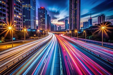 Fototapeta premium Abstract Urban Night Cityscape: Long Exposure Light Trails Highway