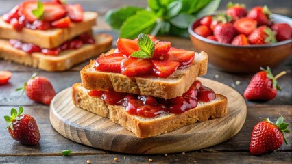 Crunchy sweet strawberry slices piled high on a slice of soft toasted bread with a dollop of tangy rhubarb jam spooned on top, spread