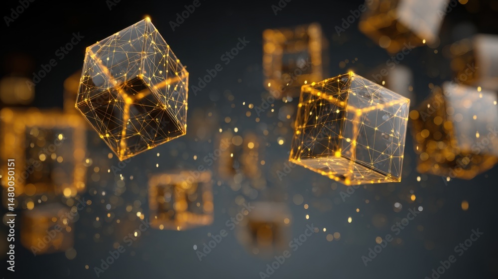 Poster floating golden wireframe cubes representing blockchain technology and data connectivity in a modern