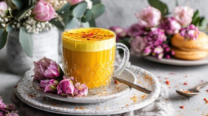 Fototapeta premium Golden Milk Latte in Glass Mug with Flowers and Macarons Still Life Food Photography