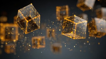 Floating Golden Wireframe Cubes Representing Blockchain Technology and Data Connectivity in a Modern Digital World