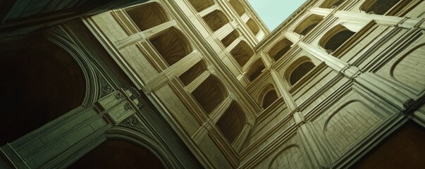 Obraz premium Palace courtyard, upward view, arched architecture, sunlight. Design background