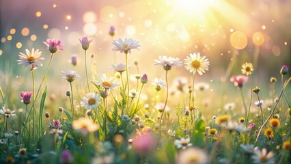 A field of delicate daisies bathed in warm sunlight, their petals reaching towards the sky, creating a tapestry of beauty and serenity.