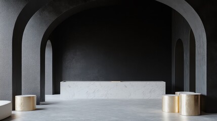 Minimalist interior with arches marble counter gold pedestals in concrete space architectural photography