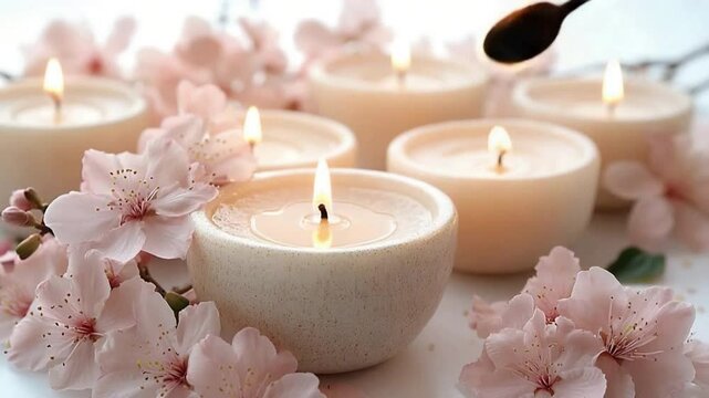 Candlelit Harmony: A tranquil tableau of lit candles, cradled by delicate pink blossoms. The soft glow evokes a sense of peace, serenity, and the warmth of the moment. 