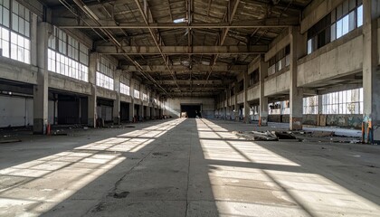 Obraz premium Abandoned Industrial Warehouse with Natural Light and Shadows