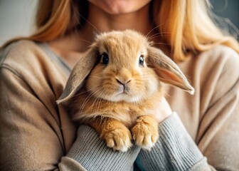 Adorable Mini Lop Rabbit Cuddling with Loving Owner - Peaceful Pet Bonding Stock Photo