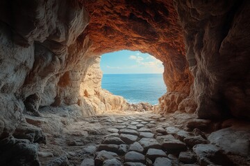 View of Rocky Cave Opening Leading to a Serene Ocean Scene Under a Bright Sky With Scattered Clouds