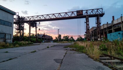 Obraz premium Abandoned Industrial Site with Crane at Dusk in Urban Environment