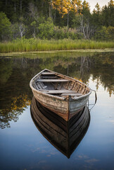 Obraz premium Abandoned Rowboat Reflected in Glassy Lake – Tranquil and Haunting Waterscape