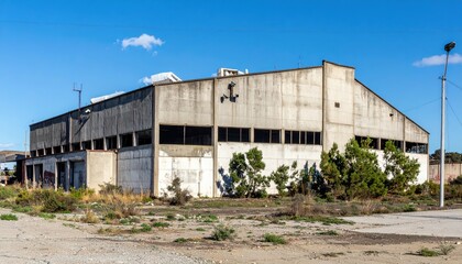 Abandoned Industrial Building with Overgrown Vegetation and Blue Sky