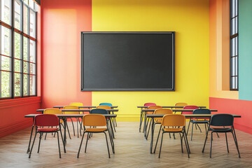 Colorful classroom with desks chairs and blackboard
