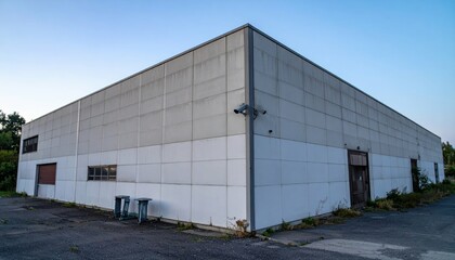 Fototapeta premium Abandoned Industrial Building with Gray Exterior and Overgrown Surroundings