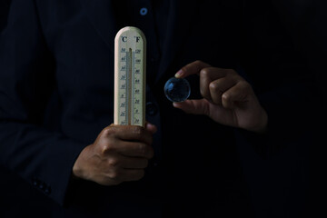 Temperature measurement action laboratory environment science content dark background close-up view...
