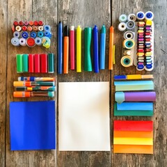 Crafting supplies neatly arranged on wood for creative projects, arts, and educational use