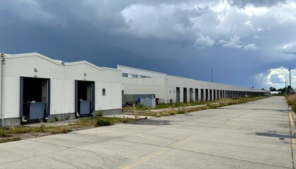 Naklejka premium Abandoned Warehouse with Gray Skies and Overgrown Pathway