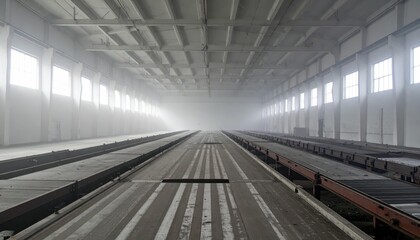 Serene Industrial Warehouse Interior with Mist and Natural Light