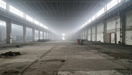 Obraz premium Abandoned Industrial Warehouse with Fog and Natural Light Streaming In