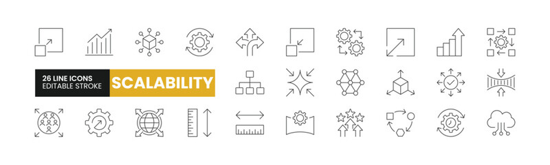 Set of 26 Scalability line icons set. Scalability outline icons with editable stroke collection. Includes Flexibility, Efficiency, Adaptability, Optimization, Cloud Computing, and More.