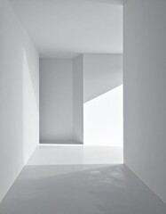 A bright, airy white room bathed in soft natural light streaming through a large window, illuminating minimalist decor and creating a serene atmosphere.