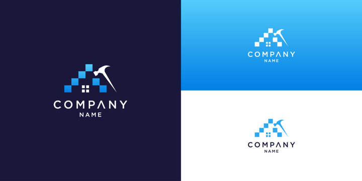 Construction Company Logo with Hammer and Pixelated Roof