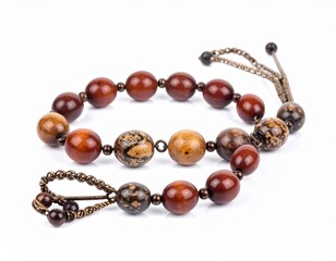 Beaded strand A string of polished spherical beads with knotted decorative chains on white