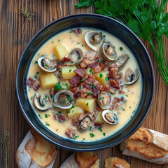 Creamy clam chowder with potatoes, bacon, herbs, and bread on wood