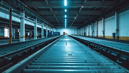 Abandoned Factory Interior with Empty Conveyor Belts and Lights