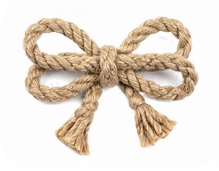 Obraz premium Rustic knot shaped into a bow with tassel ends, against white