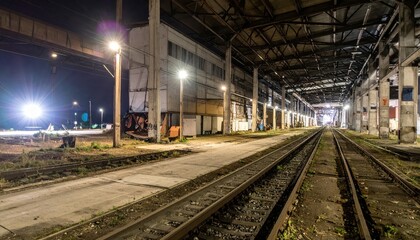 Fototapeta premium Abandoned Warehouse with Railway Tracks at Night in Urban Environment