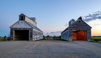 Rustic Sunset Barns with Detailed Textures and Scenic Landscape