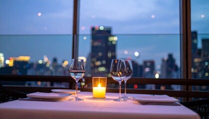 Romantic dinner candlelit table set against a city skyline backdrop at twilight