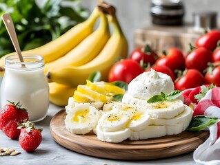 Fresh mozzarella cheese drizzled with oil and basil, served with bananas, strawberries, and a jar of plain yogurt with tomatoes in the background
